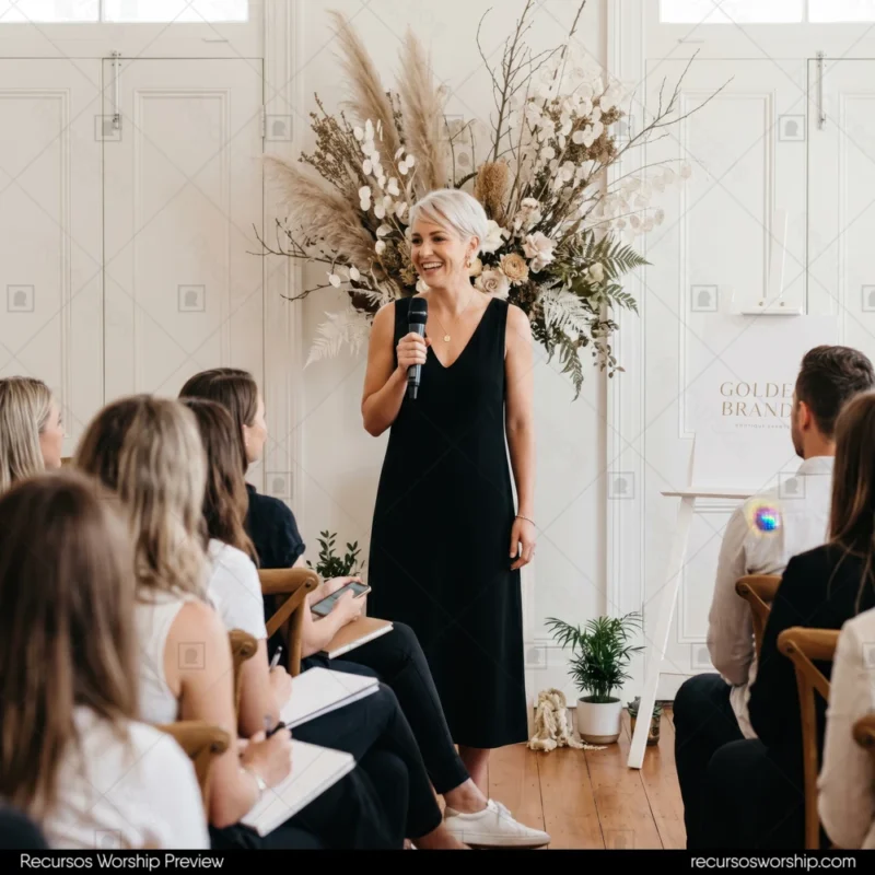 Mujer rubia taller workshop blazer branding dorado escenario capacitacion eventos liderazgo iglesia cuadrado luminoso profesional
