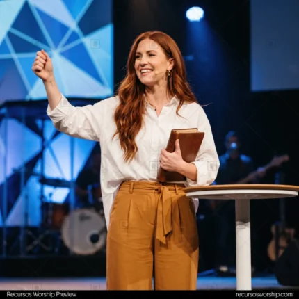 Mujer pelirroja biblia cerrada puno alzado luces led triangulos colores escenario culto fe valentia cuadrado luminoso
