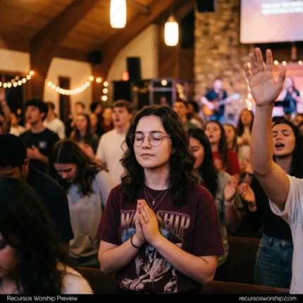 Joven camiseta worship orando manos juntas ojos cerrados collar cruz dorada congregacion culto juvenil adoracion cuadrado luminoso