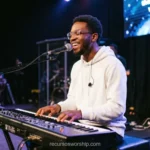 Hombre negro teclado nord keyboard manos musico congregacion manos alzadas luces culto adoracion worship horizontal oscuro