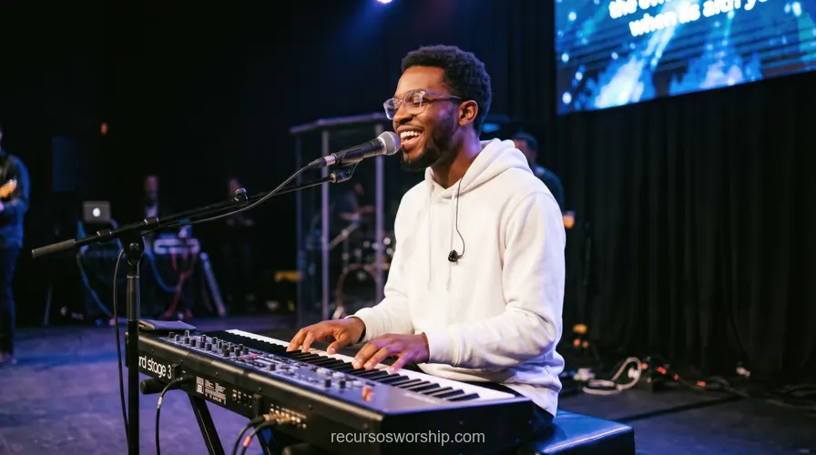 Hombre negro teclado nord keyboard manos musico congregacion manos alzadas luces culto adoracion worship horizontal oscuro
