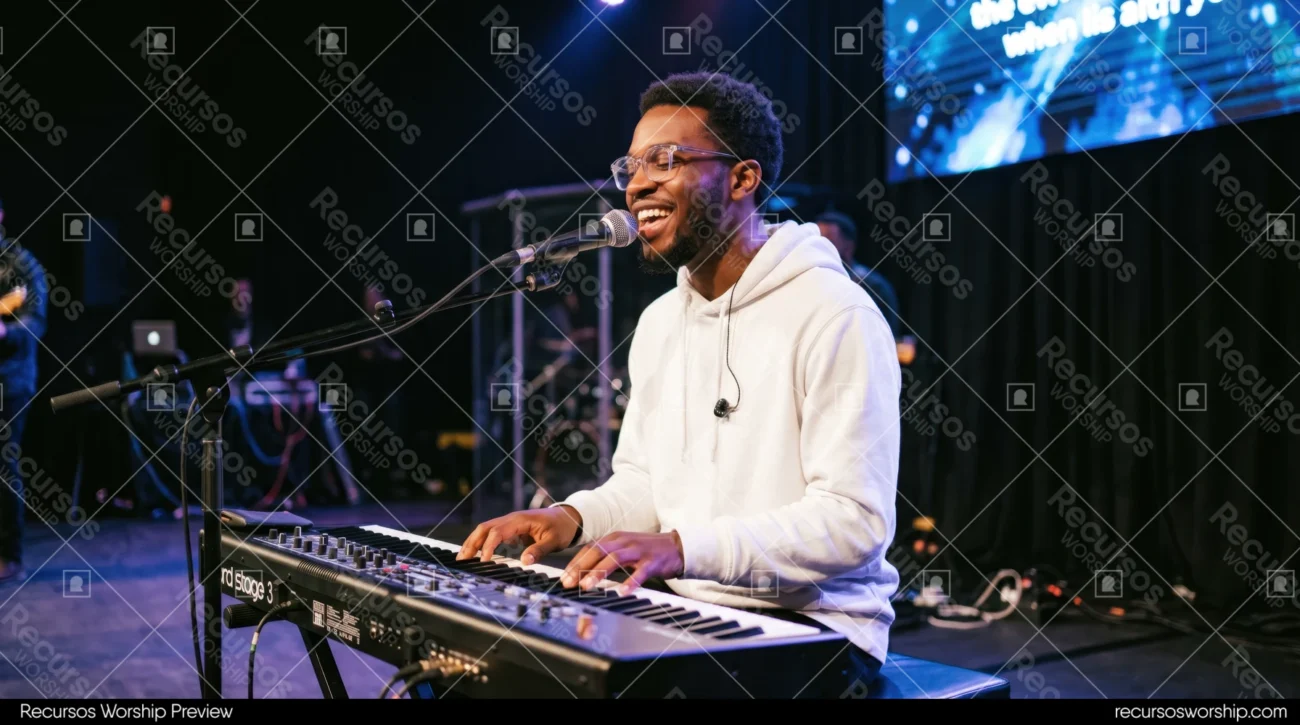 Hombre negro teclado nord keyboard manos musico congregacion manos alzadas luces culto adoracion worship horizontal oscuro