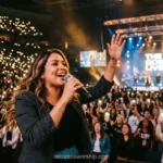Mujer cantando microfono arena pantalla the gospel live multitud celulares luces concierto cristiano adoracion horizontal oscuro