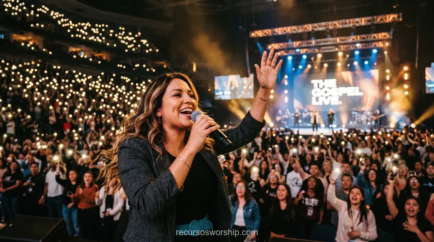 Mujer cantando microfono arena pantalla the gospel live multitud celulares luces concierto cristiano adoracion horizontal oscuro