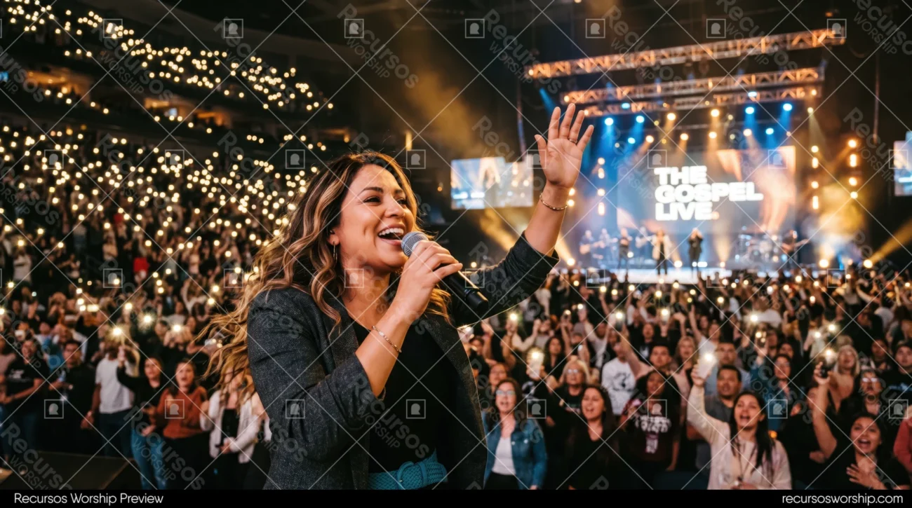 Mujer cantando microfono arena pantalla the gospel live multitud celulares luces concierto cristiano adoracion horizontal oscuro