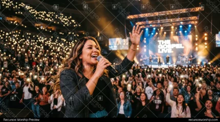 Mujer cantando microfono arena pantalla the gospel live multitud celulares luces concierto cristiano adoracion horizontal oscuro