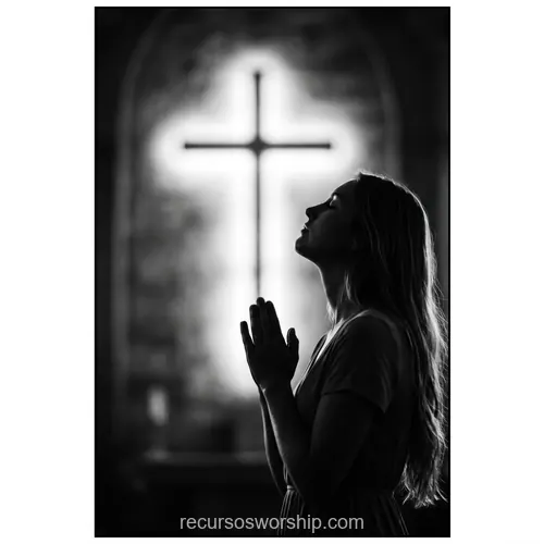 Mujer orando perfil blanco negro manos juntas cruz luminosa brillante fondo oscuro devocion fe reverencia cuadrado artistico