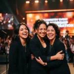 Tres mujeres abrazo evento ministerial pantalla sonrisas comunidad femenina acogimiento fe iglesia cuadrado luminoso calido