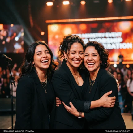 Tres mujeres abrazo evento ministerial pantalla sonrisas comunidad femenina acogimiento fe iglesia cuadrado luminoso calido