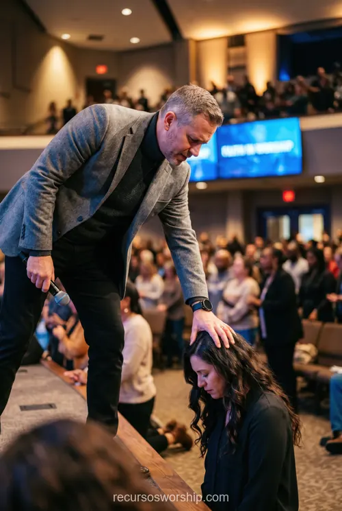 Pastor imponiendo manos mujer arrodillada oracion pantalla faith worship escenario culto sanidad intercesion vertical oscuro