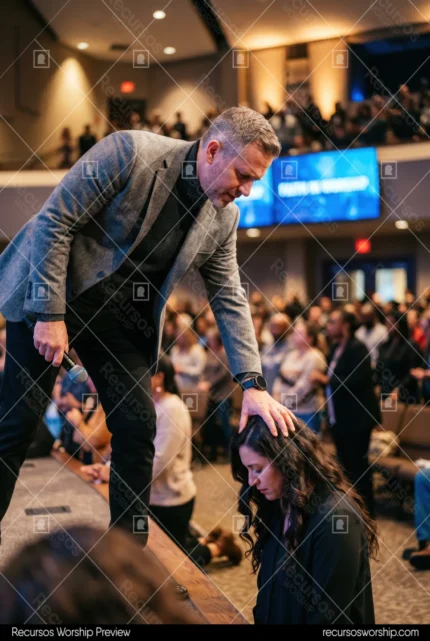 Pastor imponiendo manos mujer arrodillada oracion pantalla faith worship escenario culto sanidad intercesion vertical oscuro