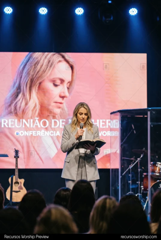 Mujer biblia abierta pantalla reuniao de mulheres portugues evento femenino ministerio mujeres iglesia vertical luminoso