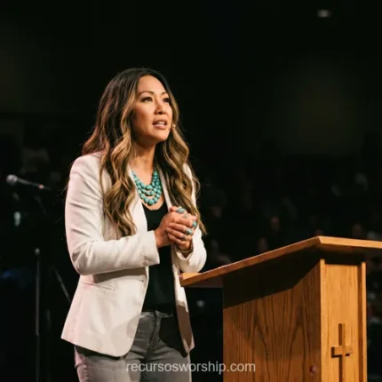 Mujer asiatica predicando podio acrilico microfono cruz madera fondo turquesa blazer escenario iglesia contemporanea cuadrado oscuro