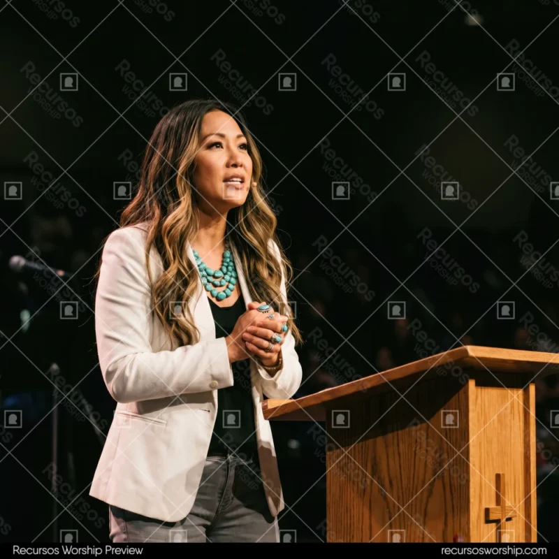Mujer asiatica predicando podio acrilico microfono cruz madera fondo turquesa blazer escenario iglesia contemporanea cuadrado oscuro