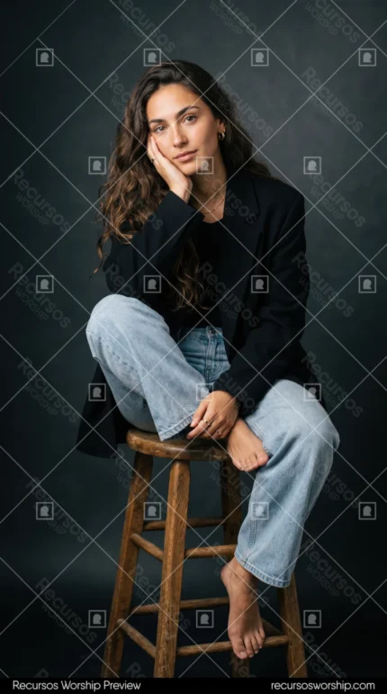 Mujer retrato contemplativo estudio taburete luz suave fondo oscuro expresion serena devocion intimidad oracion fe vertical