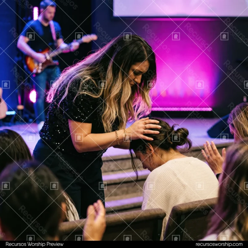 Mujer orando mano cabeza hermana top lentejuelas luces rosas guitarra escenario congregacion culto sanidad cuadrado