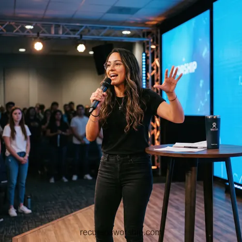 Joven mujer predicando microfono gafas cruz collar pantalla worship azul mesa madera audiencia juvenil escenario cuadrado
