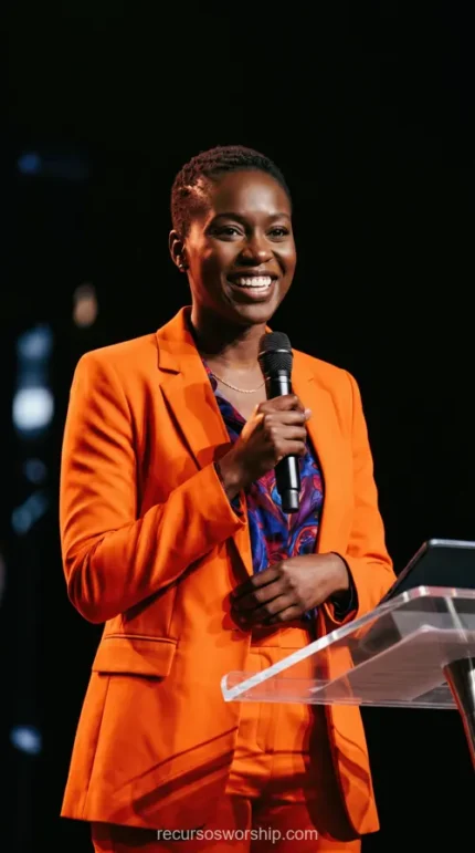 Mujer negra predicando traje naranja microfono atril acrilico tablet auditorio oscuro sonrisa liderazgo conferencia vertical