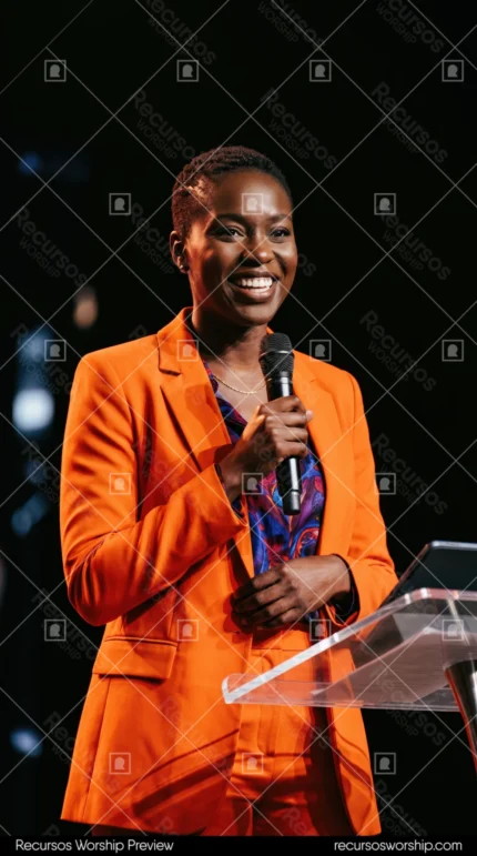 Mujer negra predicando traje naranja microfono atril acrilico tablet auditorio oscuro sonrisa liderazgo conferencia vertical