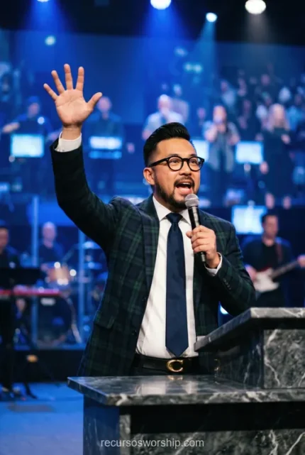 Pastor asiatico predicando microfono blazer cuadros corbata mano alzada atril marmol banda bateria luces azules vertical