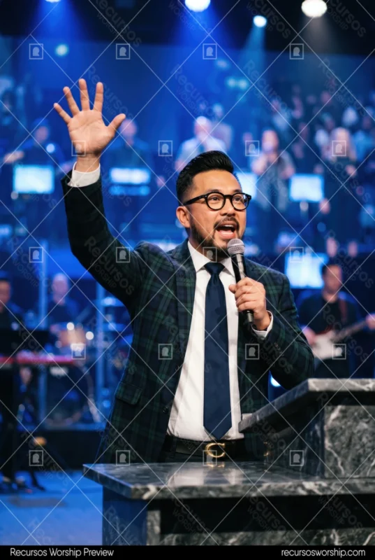 Pastor asiatico predicando microfono blazer cuadros corbata mano alzada atril marmol banda bateria luces azules vertical