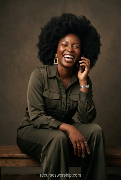 Mujer Negra Riendo Afro Mono Verde Oliva Teléfono Pendientes Estudio Vertical Mujer negra riendo afro mono verde oliva telefono pendientes dorados estudio fondo oscuro alegria vertical profesional