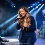 Mujer cantando adoracion traje azul marino microfono pantalla worship praise banda luces azules niebla escenario horizontal
