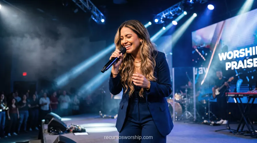 Mujer cantando adoracion traje azul marino microfono pantalla worship praise banda luces azules niebla escenario horizontal