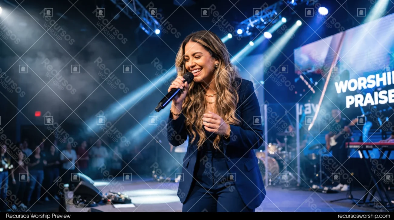Mujer cantando adoracion traje azul marino microfono pantalla worship praise banda luces azules niebla escenario horizontal
