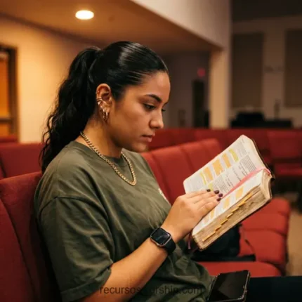 Joven mujer leyendo biblia subrayados pestanas colores coleta asientos rojos auditorio smartwatch devocion cuadrado