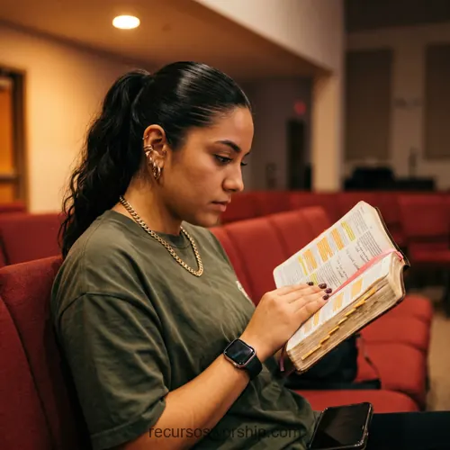 Joven mujer leyendo biblia subrayados pestanas colores coleta asientos rojos auditorio smartwatch devocion cuadrado