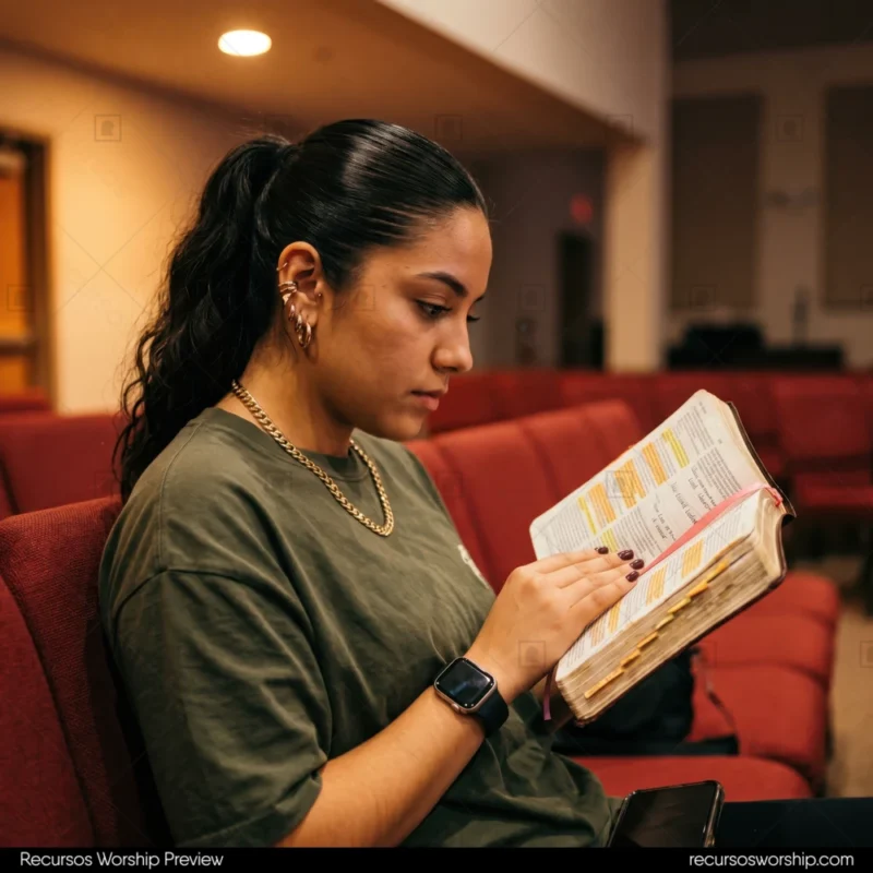 Joven mujer leyendo biblia subrayados pestanas colores coleta asientos rojos auditorio smartwatch devocion cuadrado