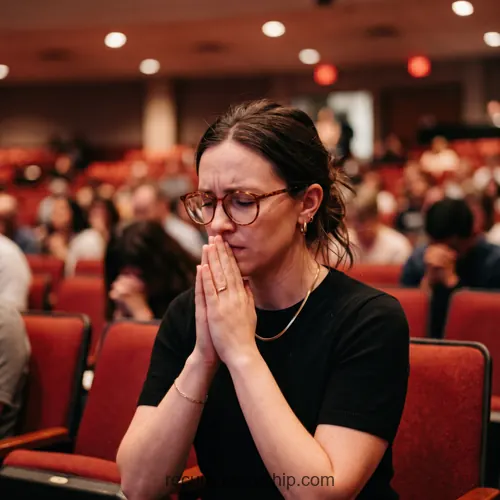 Mujer joven orando manos juntas gafas carey asientos rojos auditorio ojos cerrados intercesion fe cuadrado