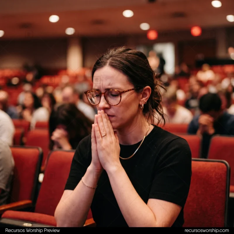 Mujer joven orando manos juntas gafas carey asientos rojos auditorio ojos cerrados intercesion fe cuadrado