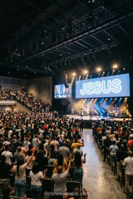 Congregacion adoracion manos alzadas pantalla led jesus banda worship auditorio luces azules multitud vertical