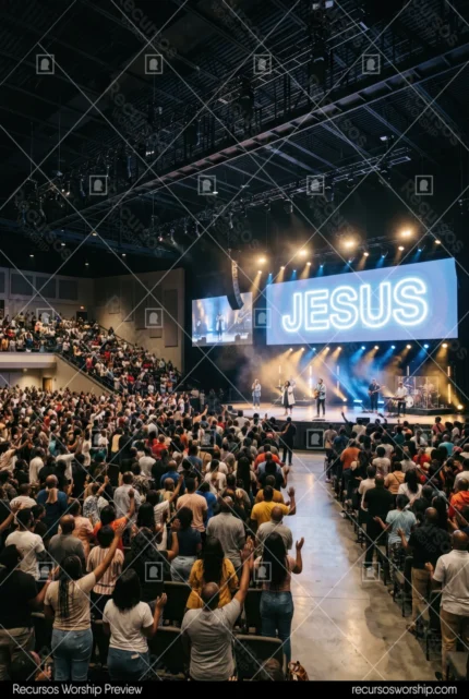 Congregacion adoracion manos alzadas pantalla led jesus banda worship auditorio luces azules multitud vertical