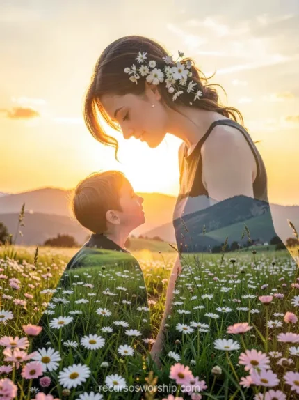 Madre joven con corona de flores y su hijo pequeño en doble exposición sobre campo de margaritas al atardecer dorado