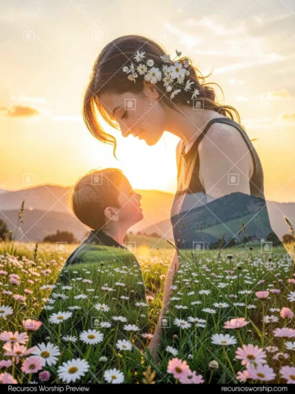 Madre joven con corona de flores y su hijo pequeño en doble exposición sobre campo de margaritas al atardecer dorado