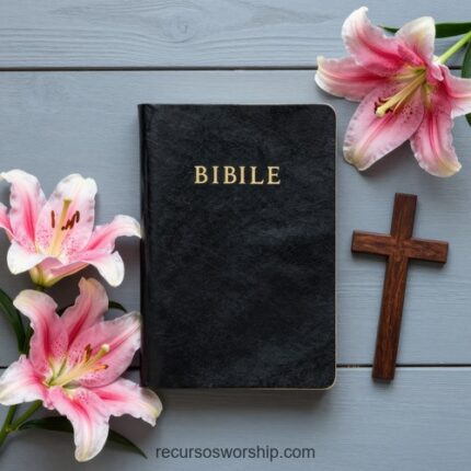 Biblia cerrada de cuero negro con tres lirios rosados y cruz de madera vista superior sobre tablones gris pastel