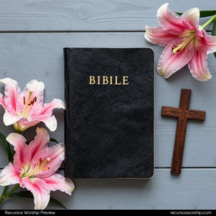 Biblia cerrada de cuero negro con tres lirios rosados y cruz de madera vista superior sobre tablones gris pastel