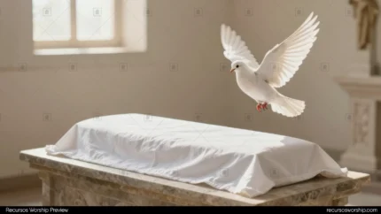 Paloma blanca con alas extendidas volando sobre tumba vacía cubierta con sábana blanca en templo cristiano luminoso