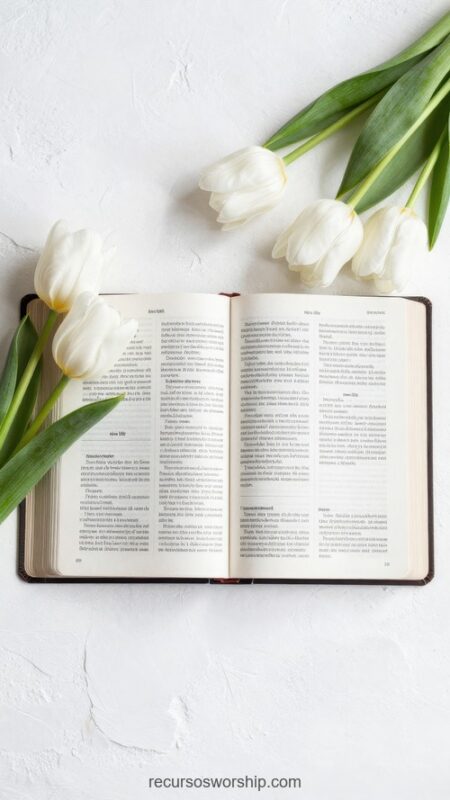 Biblia abierta con páginas en doble columna y tulipanes blancos frescos sobre fondo blanco texturizado vista cenital