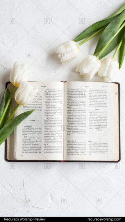 Biblia abierta con páginas en doble columna y tulipanes blancos frescos sobre fondo blanco texturizado vista cenital