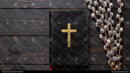 Biblia cerrada negra con cruz dorada grabada y marcapáginas rojo sobre tablones de madera oscura junto a ramas de sauce seco