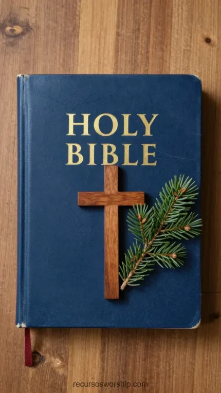 Holy Bible azul marino con letras doradas y cruz de madera natural junto a rama de pino verde sobre tablón de madera cálida