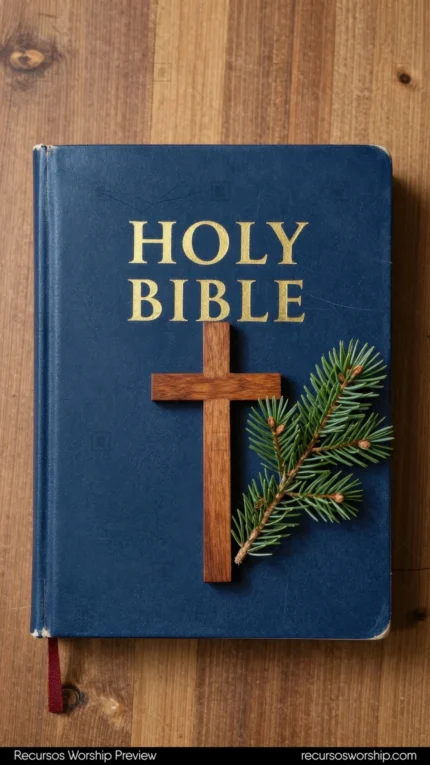 Holy Bible azul marino con letras doradas y cruz de madera natural junto a rama de pino verde sobre tablón de madera cálida