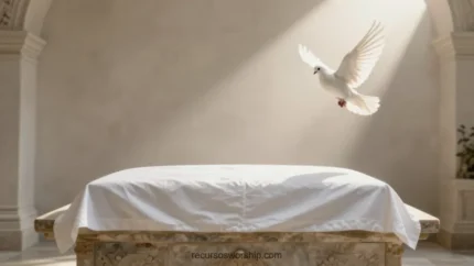 Paloma blanca con alas extendidas en vuelo sobre altar de piedra con tela blanca bajo arcos y luz natural oblicua cálida interior panorámico
