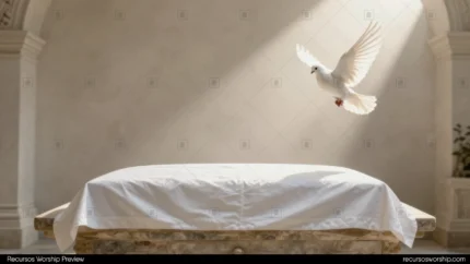 Paloma blanca con alas extendidas en vuelo sobre altar de piedra con tela blanca bajo arcos y luz natural oblicua cálida interior panorámico