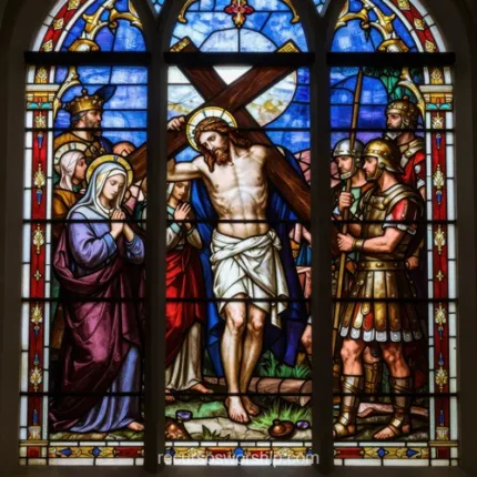 Vidriera de iglesia en tres paneles con Jesús corona de espinas y halo dorado cargando la cruz con soldados romanos y mujeres llorosas