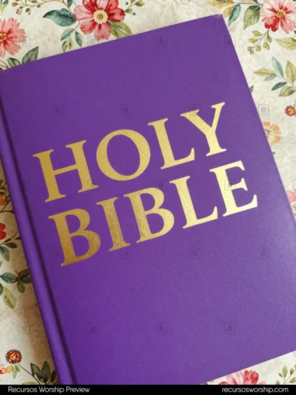 Biblia cerrada cubierta morada vibrante con letras doradas en relieve HOLY BIBLE sobre fondo floral rosado y verde suave